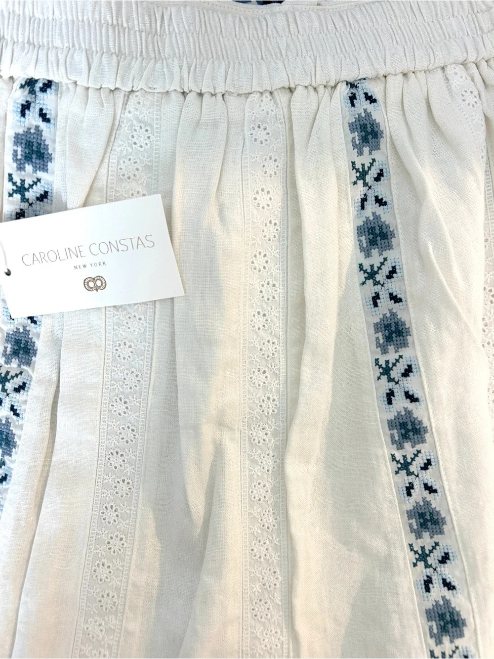 Caroline Constas White Midi Skirt with Blue Embroidery